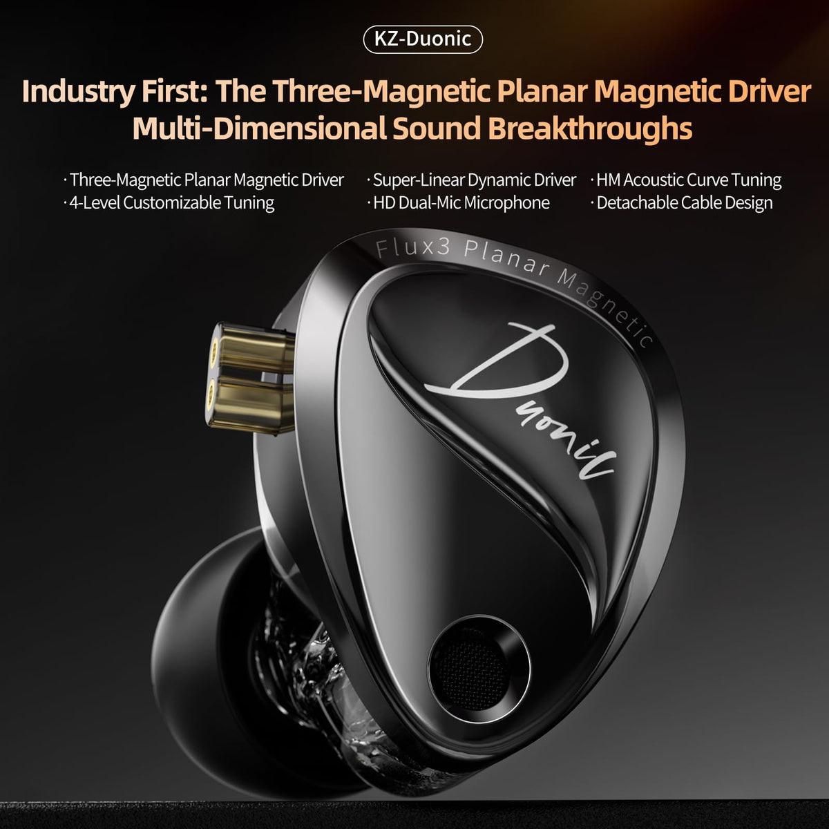 KZ Duonic driver close-up highlighting TriFlux planar detail for clearer detail