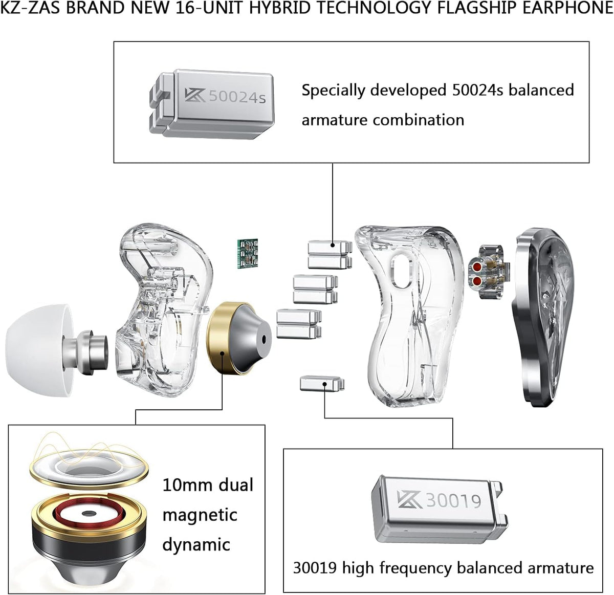Pearl chrome plating on KZ ZAS 7BA+1DD for durable shine.