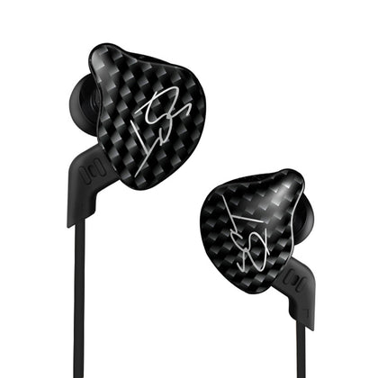 KZ ZST Pro earphones in box view showing sleek black finish and compact packaging for quick setup