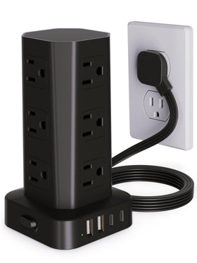 KZNXCVI power strip tower with 12 outlets keeps devices organized on a desk