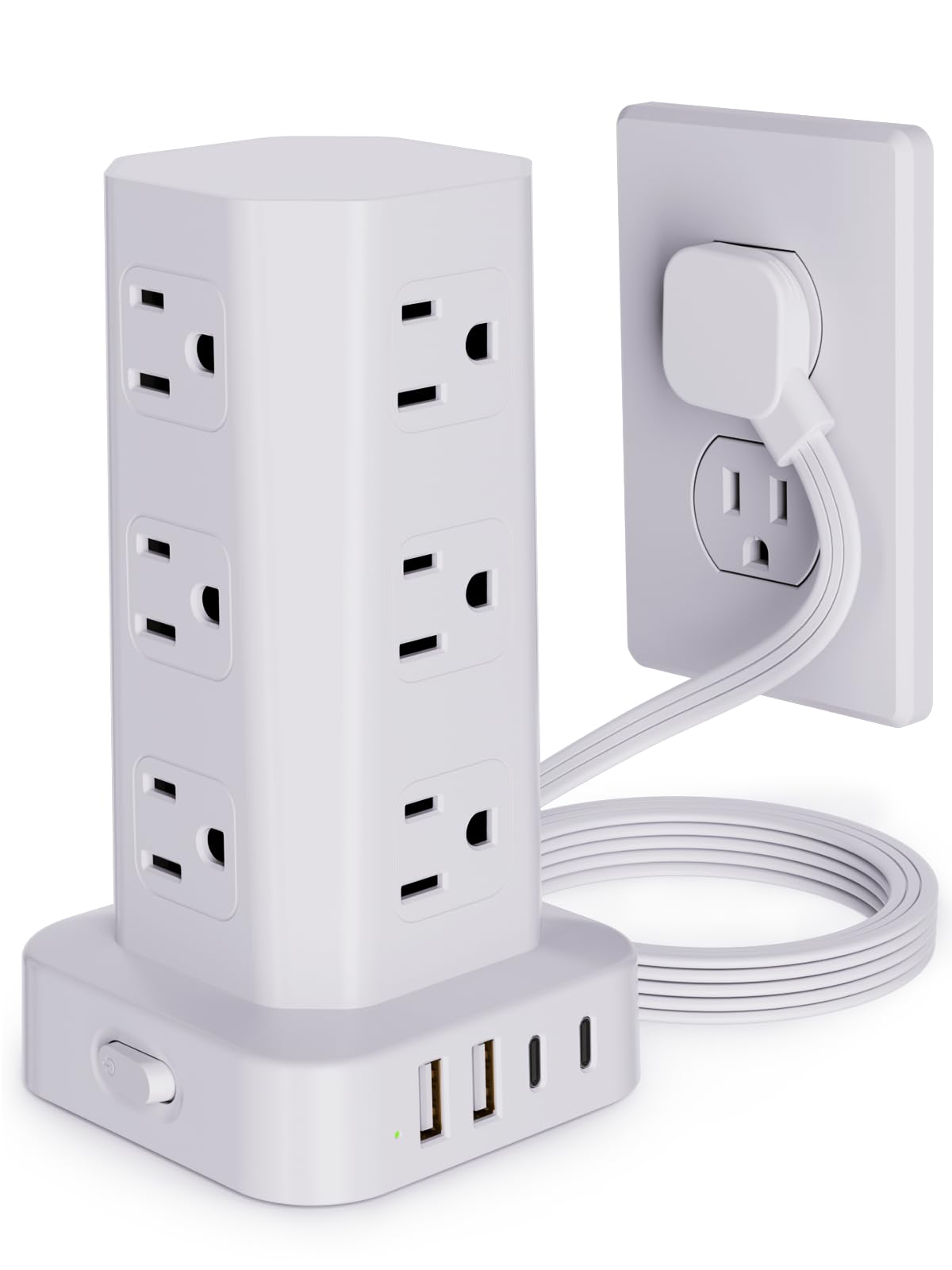 KZNXCVI power strip tower with 12 outlets keeps desk tidy and organized.