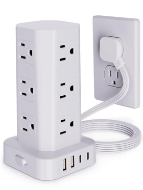 KZNXCVI power strip tower with 12 outlets keeps desk tidy and organized.