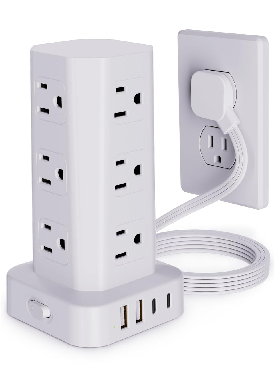 KZNXCVI power strip tower with 12 outlets keeps desk tidy and organized.