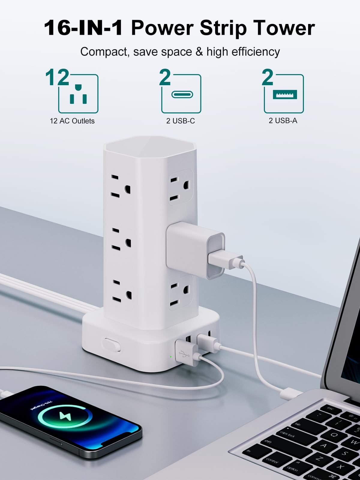 KZNXCVI power strip tower shows USB-C ports for faster charging.