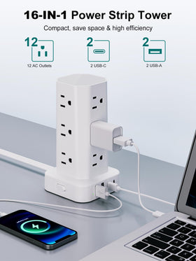 KZNXCVI power strip tower shows USB-C ports for faster charging.