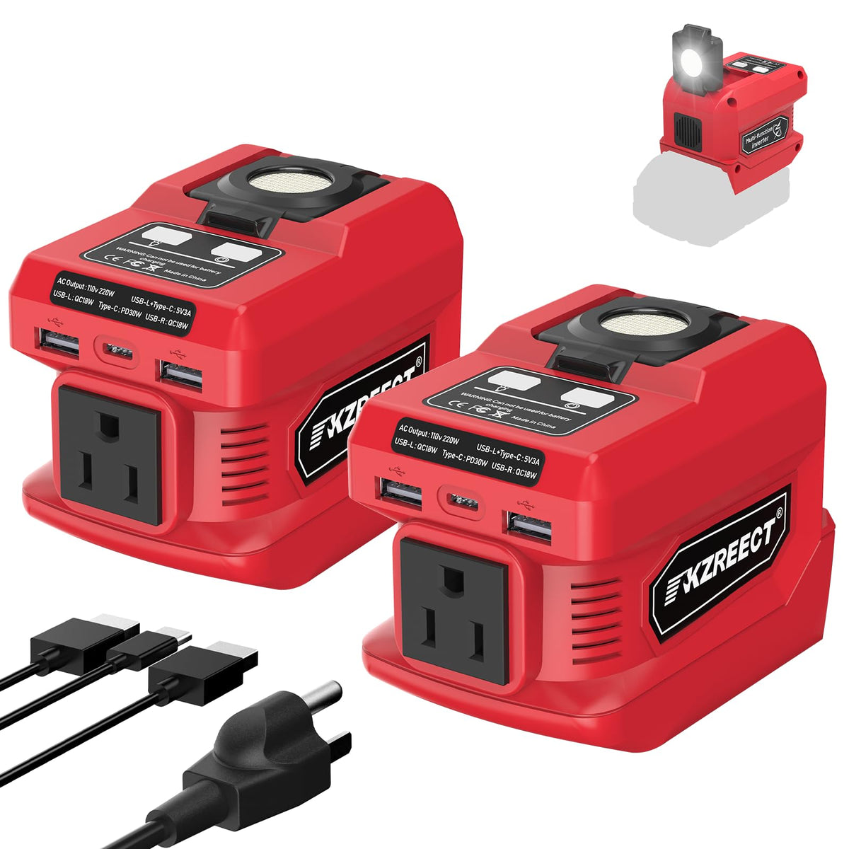 Kzreect 220W inverter attached to Milwaukee 18V battery for portable power on the go
