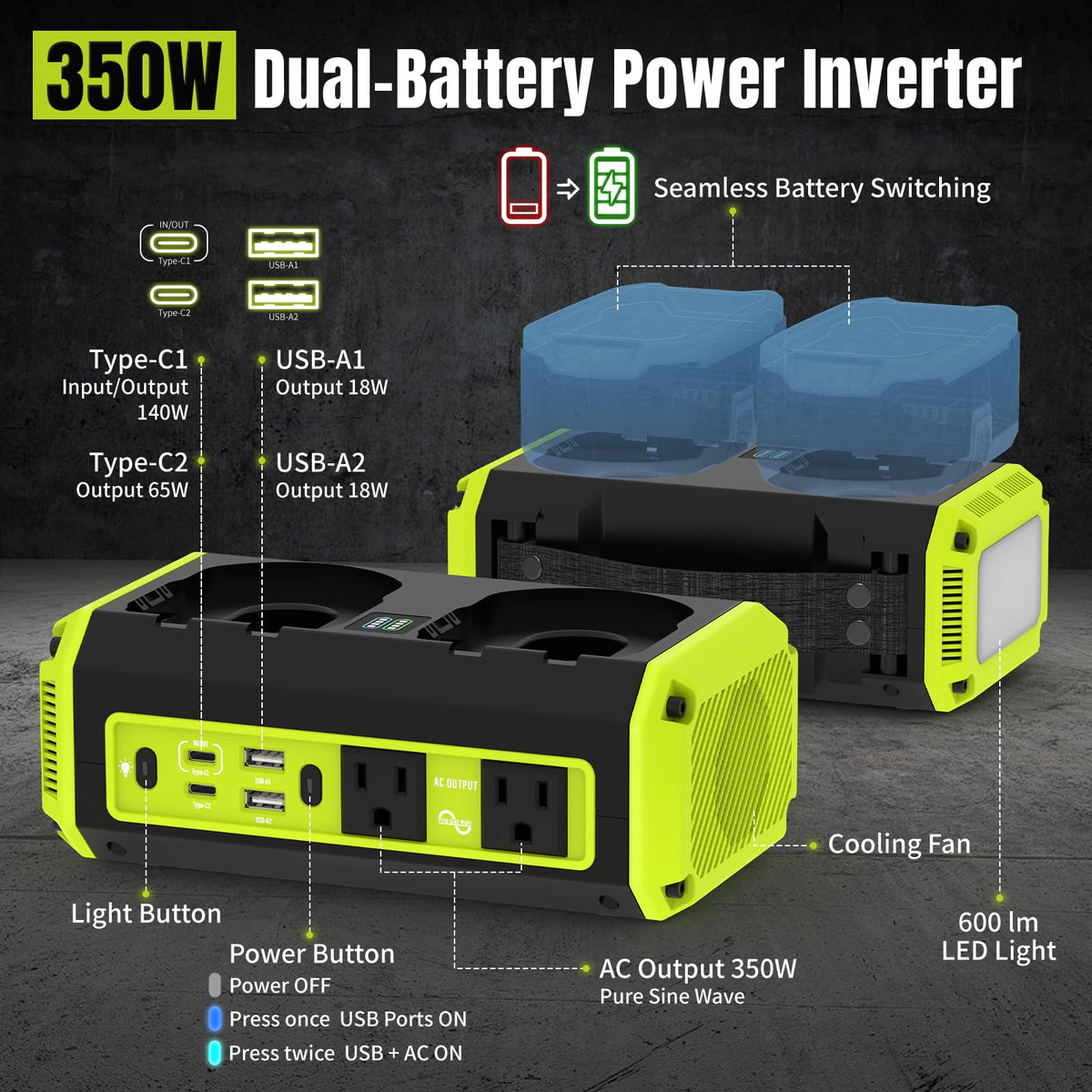 Kzreect dual-battery auto-switch diagram illustrating extended runtime.