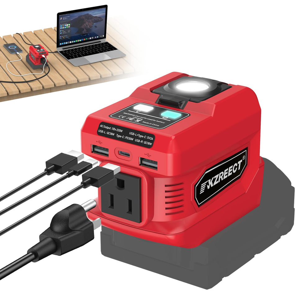 Kzreect inverter with Milwaukee-18V compatibility powering essential devices outdoors