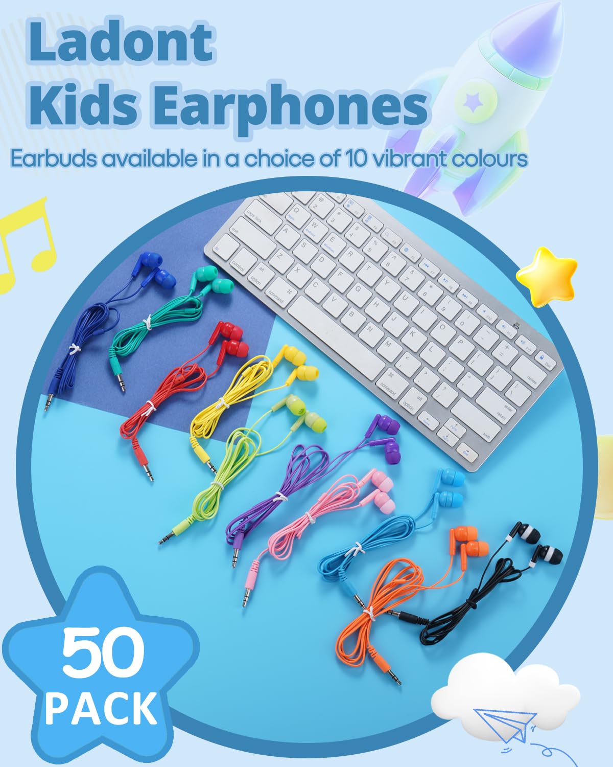 Ladont classroom earbuds 50-pack with color variety, ready for easy distribution.