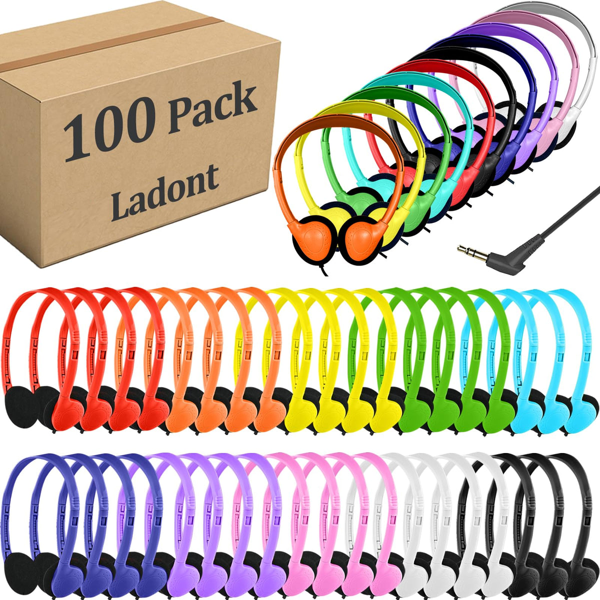 Ladont classroom headphones 100-pack multi-color on-ear design, durable for daily classroom use.