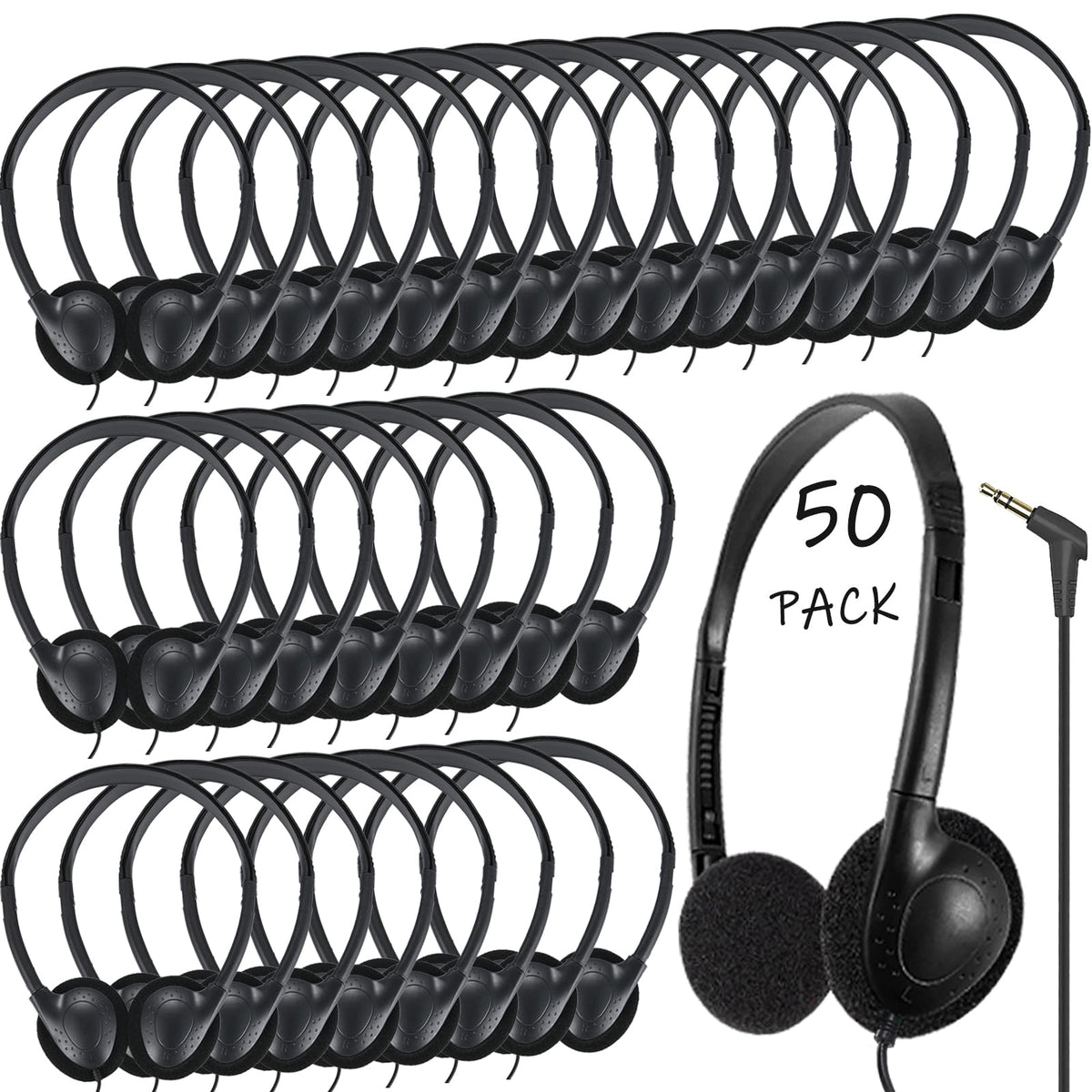 Ladont 50-pack classroom headphones ready for bulk school use, durable construction.