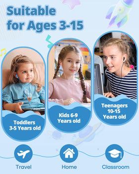 Ladont kid-design earbuds with a three-point-eight-feet cord for flexible classroom use.