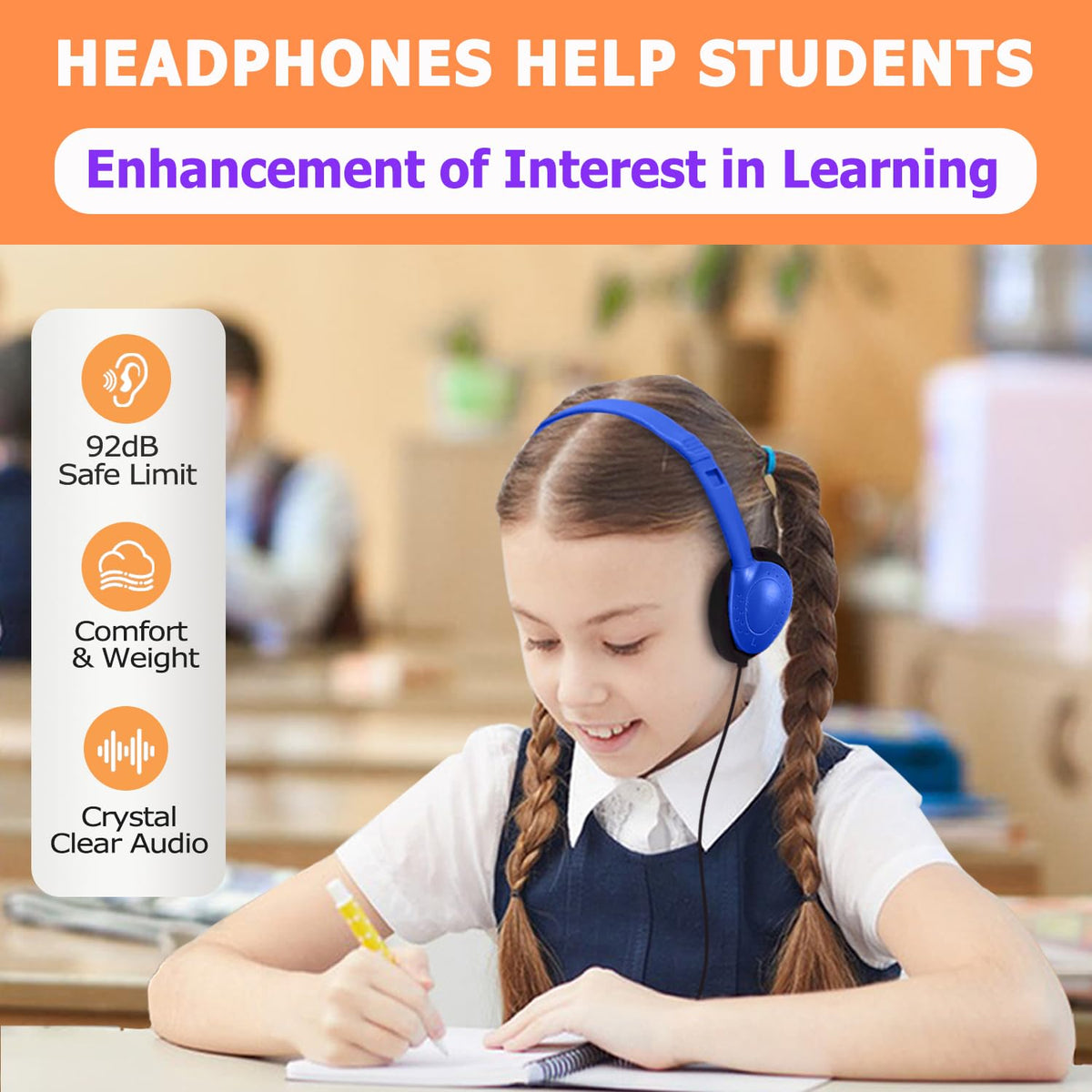 Ladont durable student headsets withstand classroom use and rough handling.