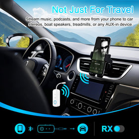 LAICOMEIN connected to a car AUX port on dashboard for hands-free streaming
