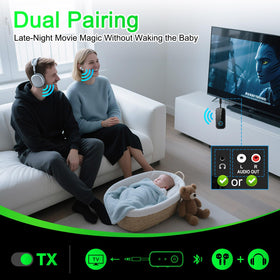 LAICOMEIN connected to a TV demonstrating wireless audio streaming to headphones