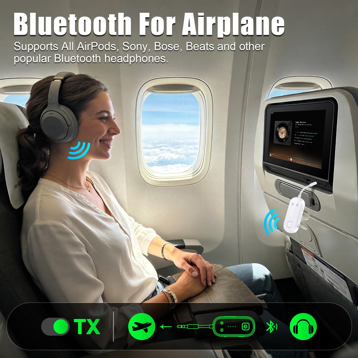LAICOMEIN used on airplane seatback sharing audio between two headphones for convenience