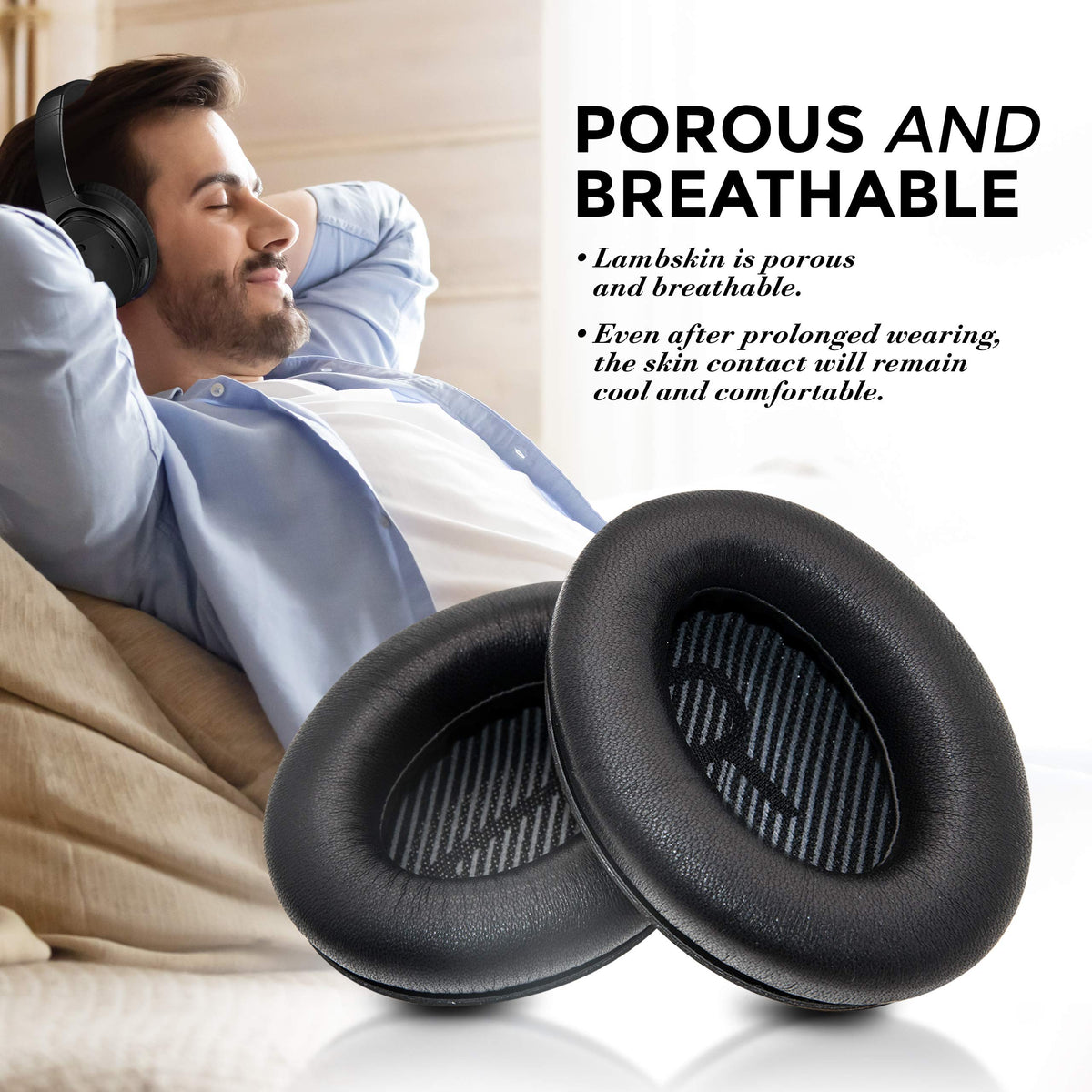 Installation demo image showing precise fit on compatible Bose headphones.