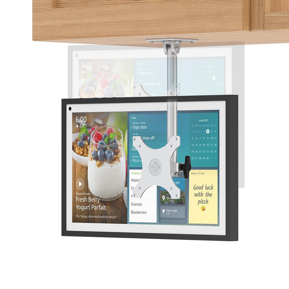 Laivli under-cabinet mount holding Echo Show 15 front view, neat counter save