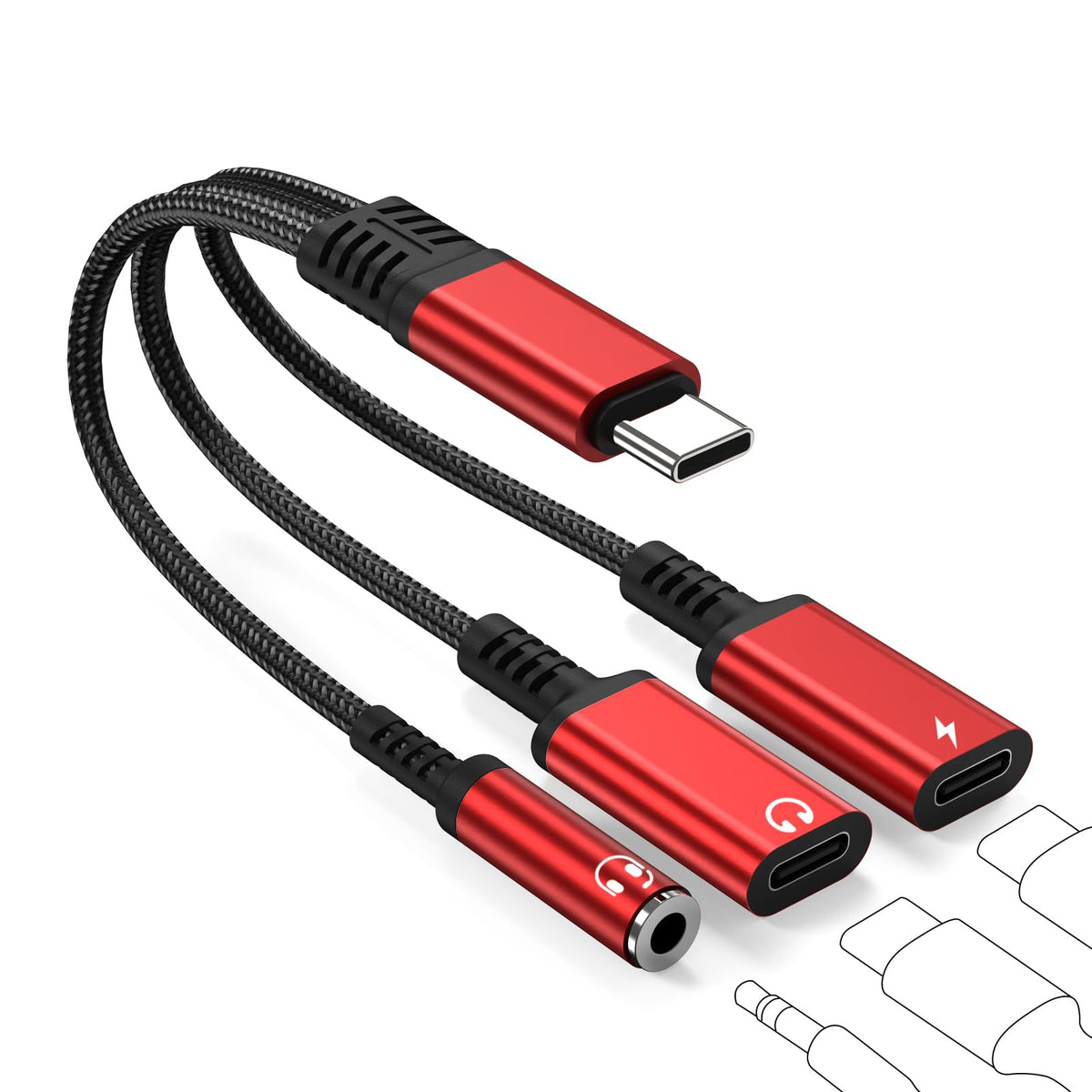 Lakeronelove 3in1 USB-C adapter showing charging, USB-C, and 3.5mm ports for on-the-go use.
