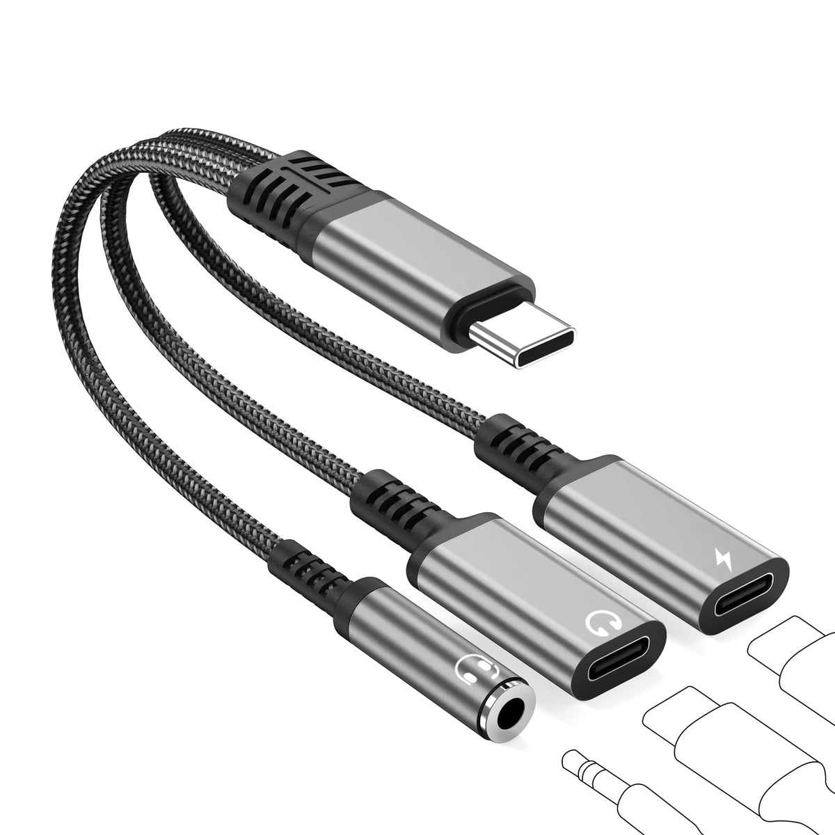 Lakeronelove USB-C 3.5mm adapter front view for seamless music and charging on the go.