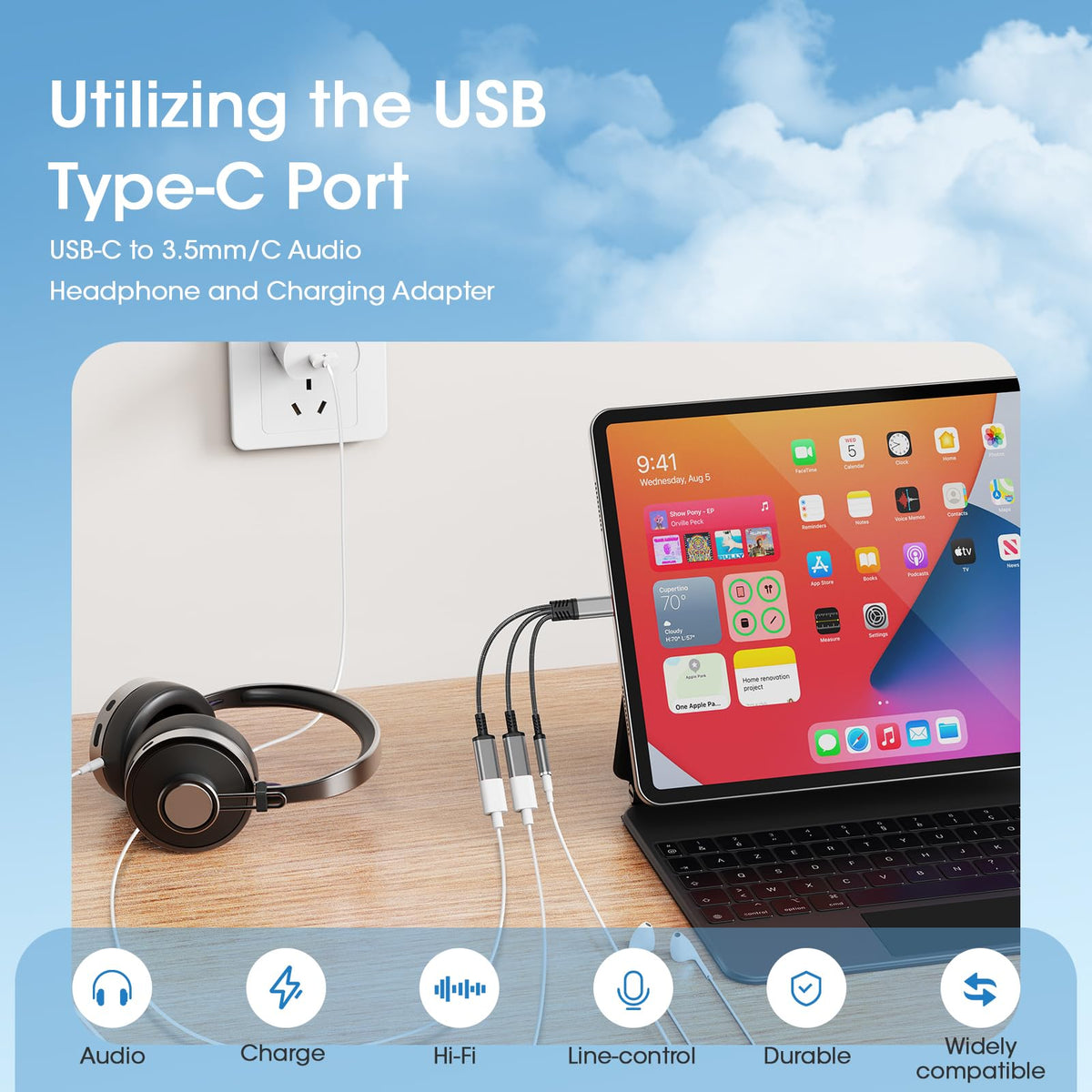 Lakeronelove USB-C 3.5mm adapter side ports enable pass-through charging while listening.