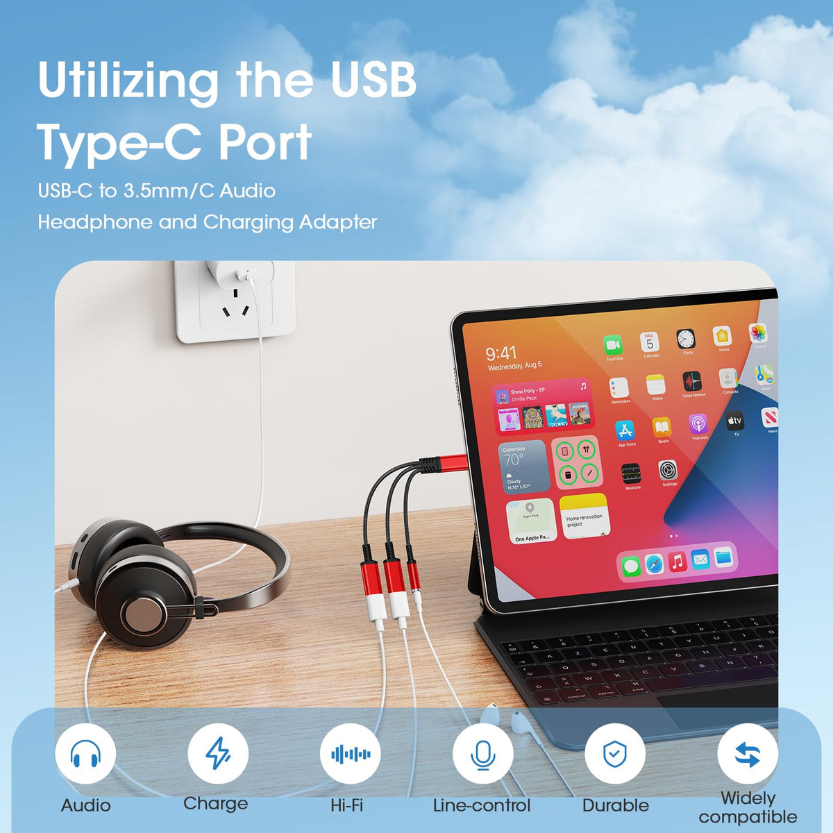 Lakeronelove USB-C adapter with headphone jack enabling music while charging.