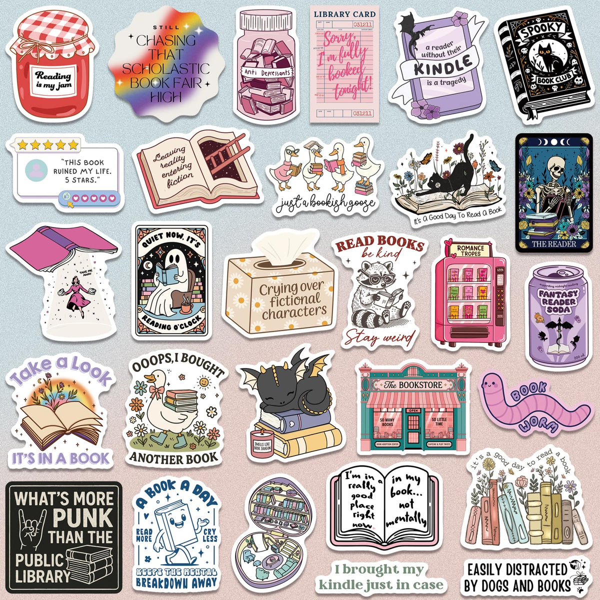 LakoArt glossy book stickers on a Kindle for bold, readable vibes.