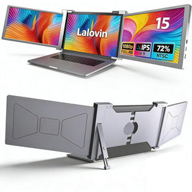 Lalovin laptop triple-screen setup with expansive view for productivity