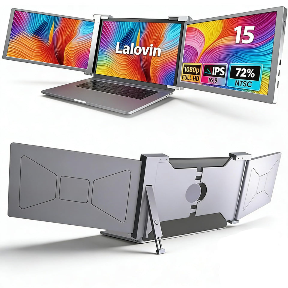 Lalovin laptop triple-screen setup with expansive view for productivity