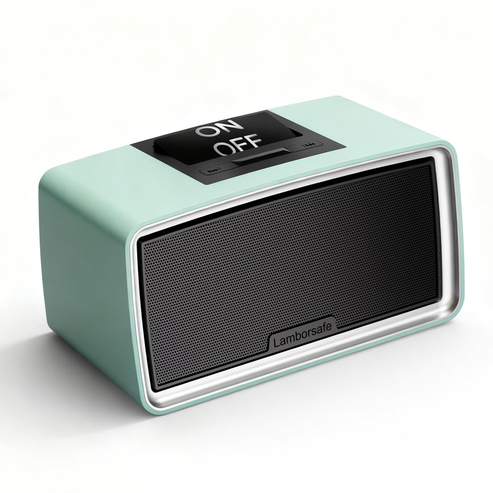 Lamborsafe One-Button Music Player front view in cyan, designed for easy seniors' use.