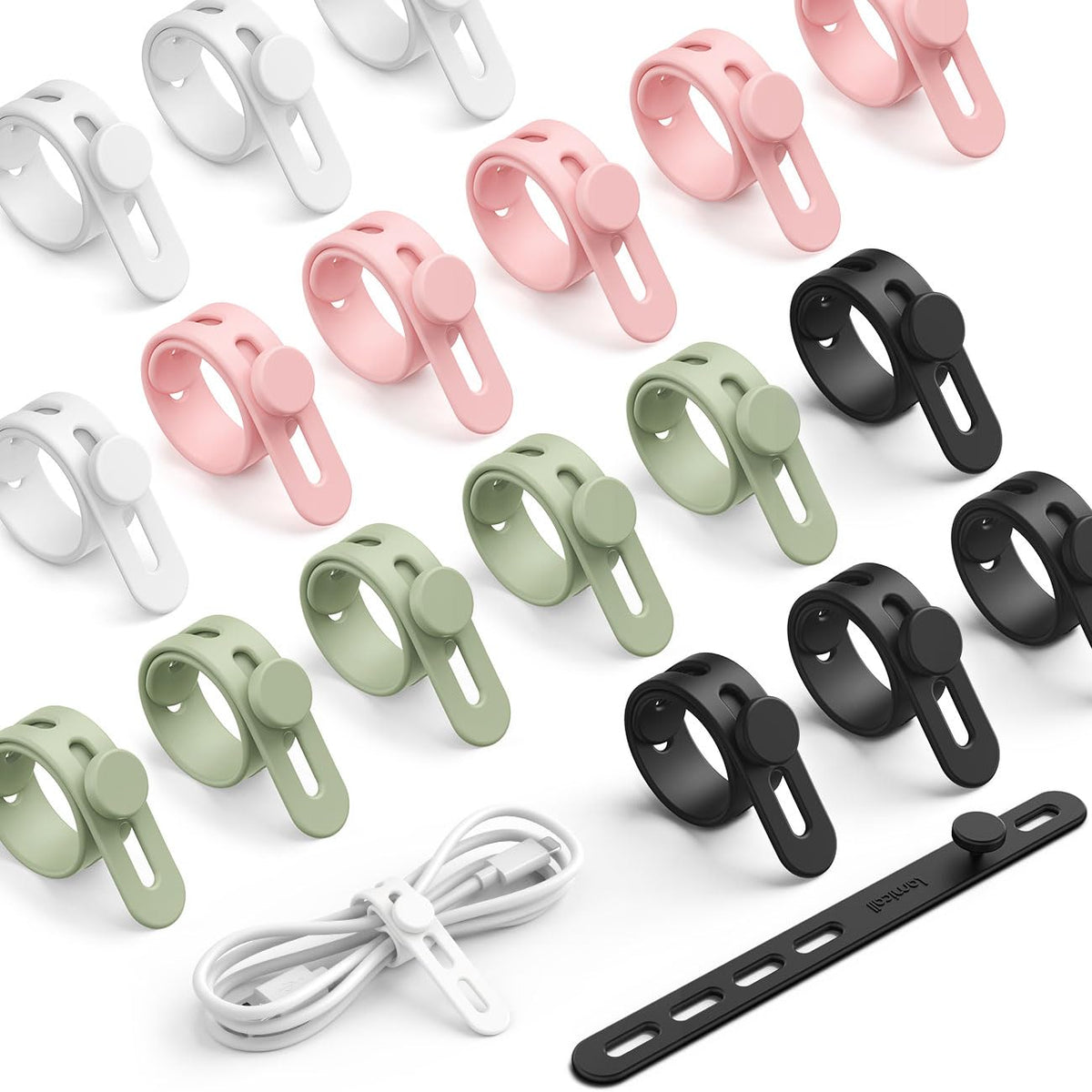 Lamicall 20-pack silicone cable ties neatly bundle cables on the go.