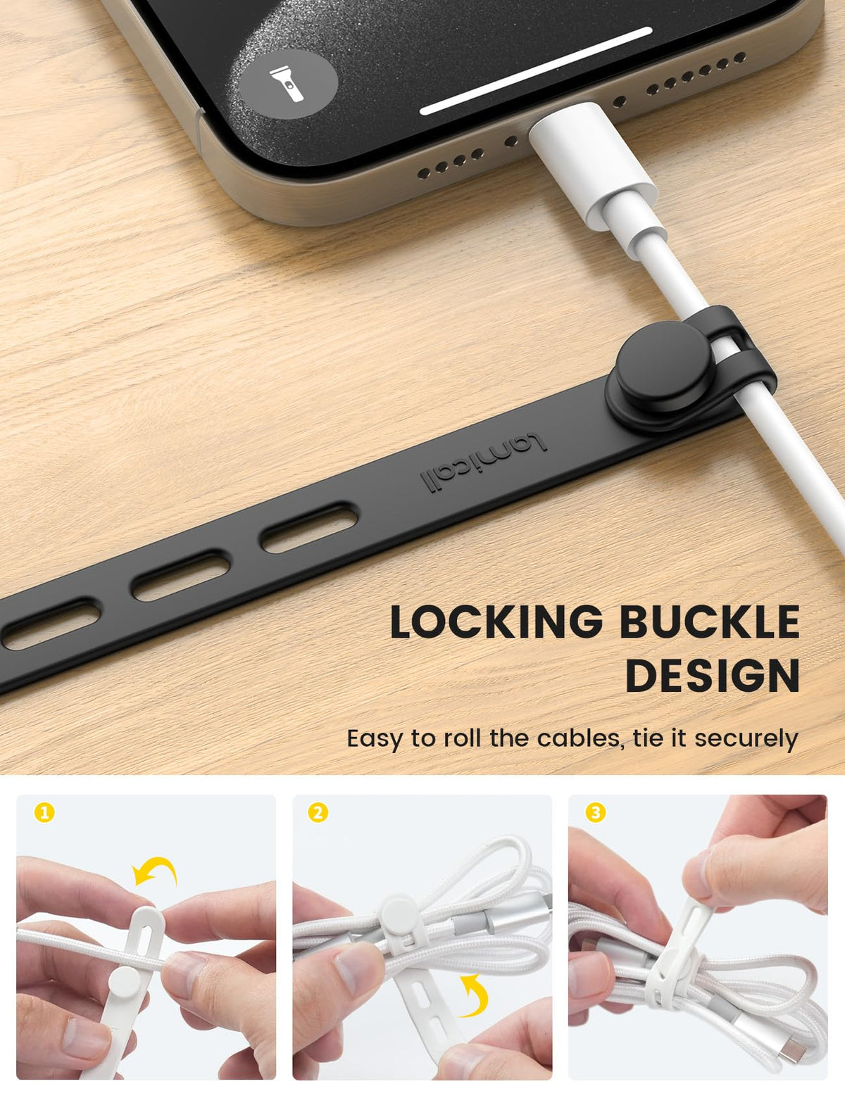 Lamicall 4-length adjustable ties fit phones, chargers, and power cords.