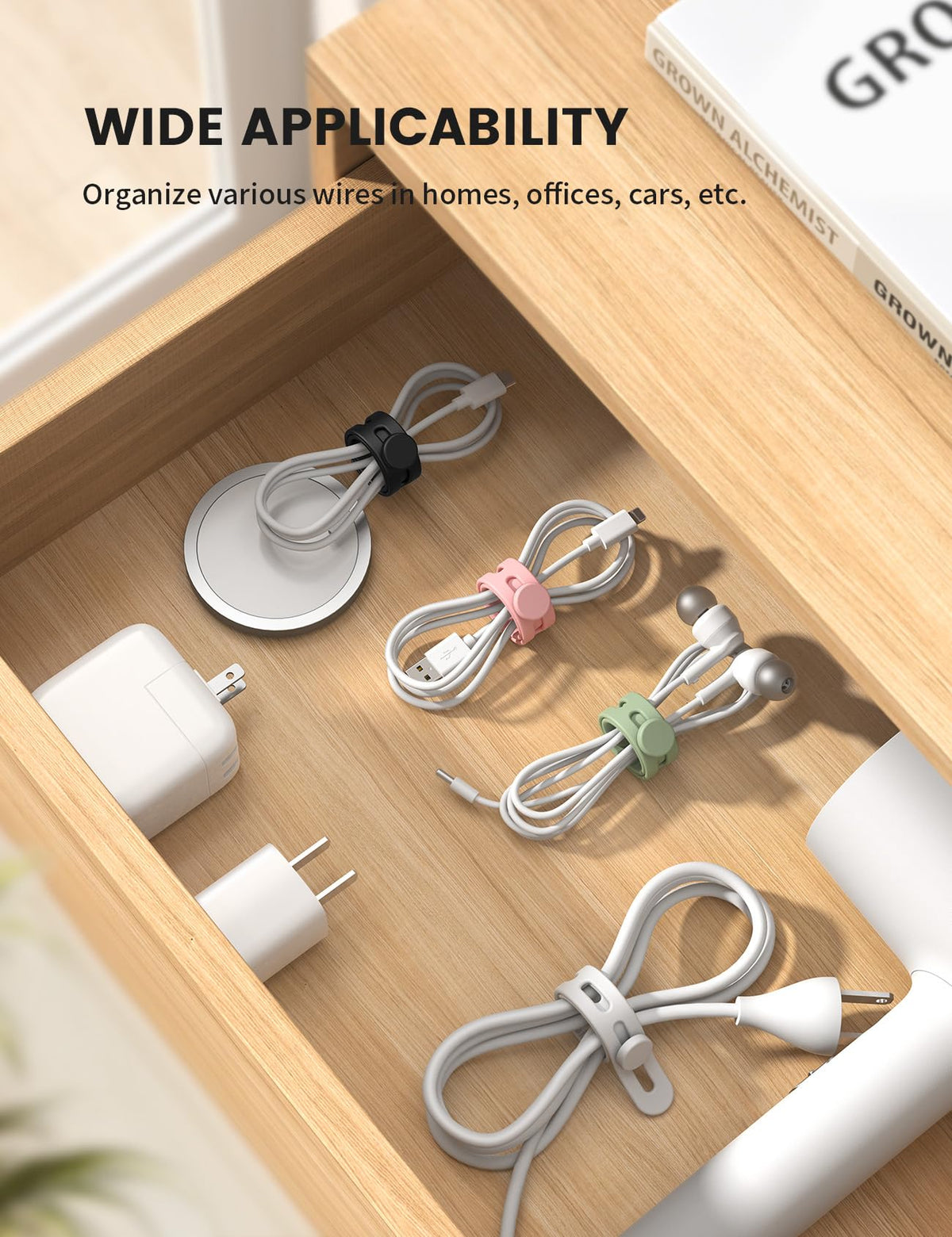 Lamicall cable ties with four adjustable lengths fit various cords.