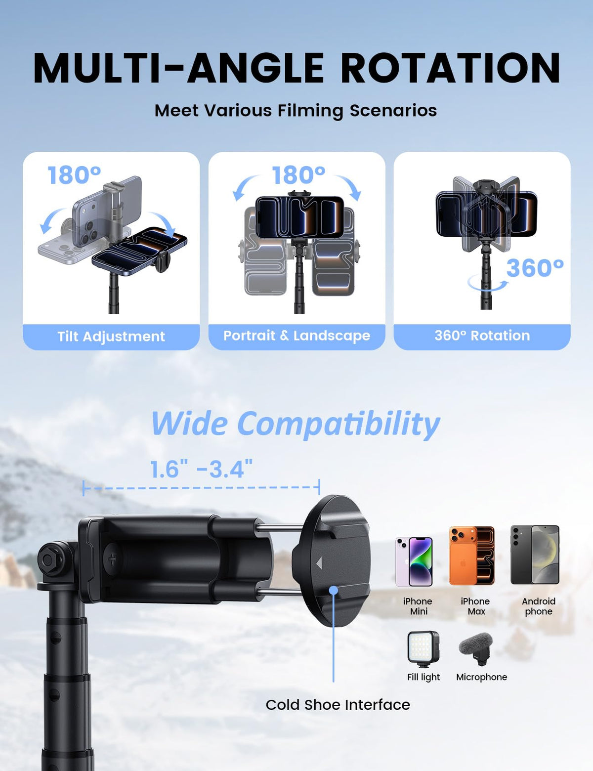 Lamicall cold shoe with LED and mic illustrating upgradeable rig