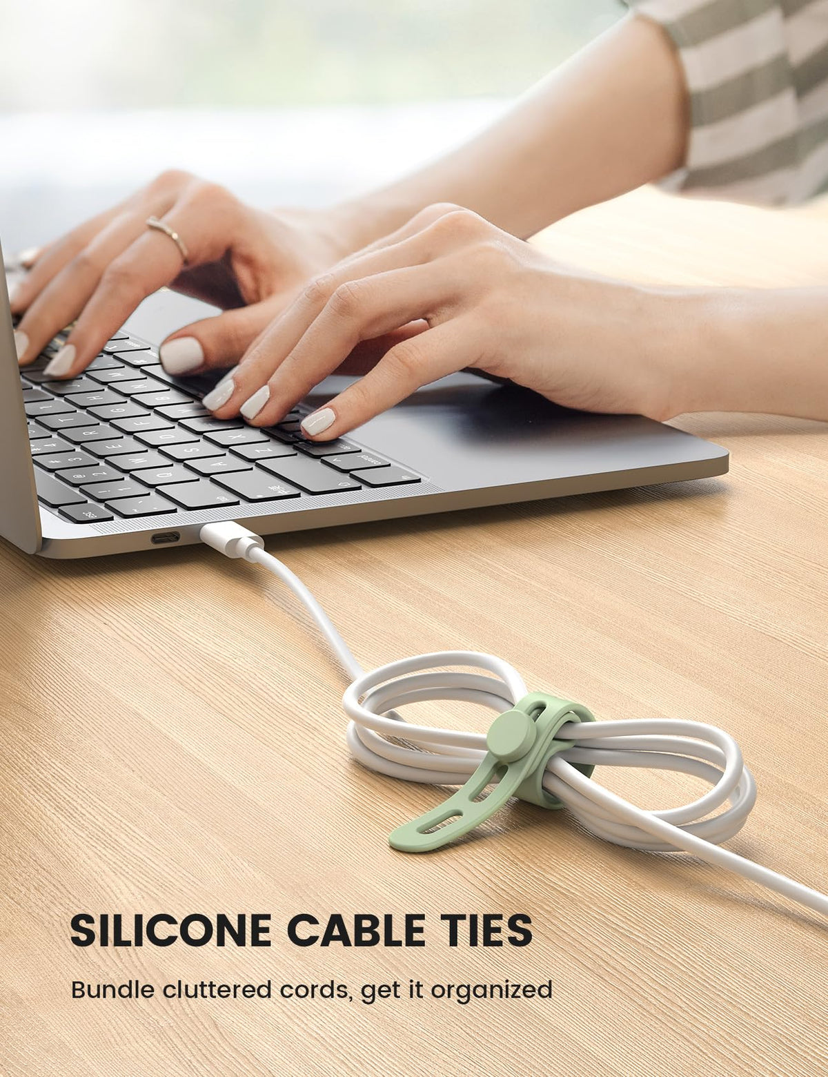 Lamicall cord organizer with locking buckle secures bundled cords.