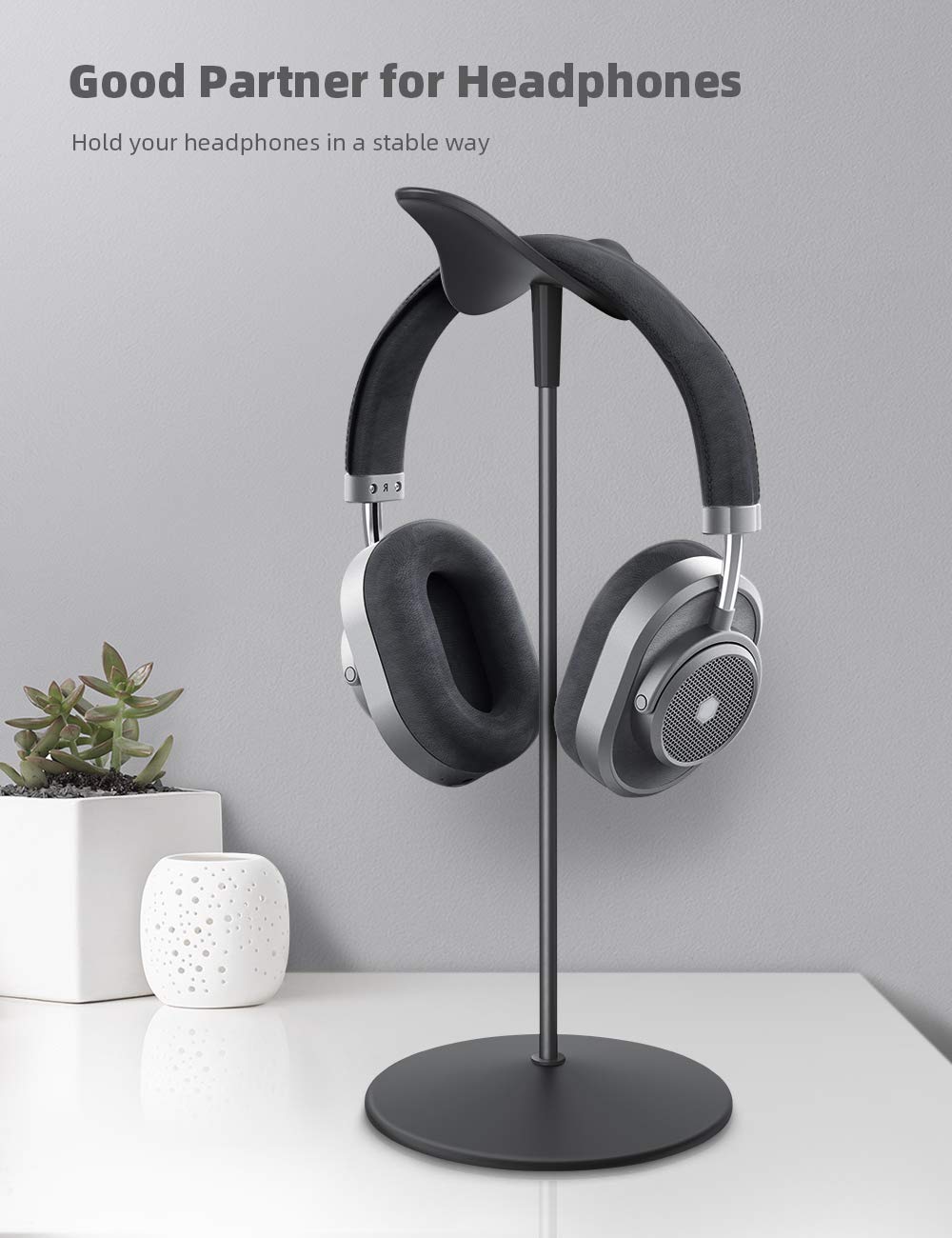Lamicall desktop headset holder shows a low-profile aluminum silhouette to reduce desk clutter
