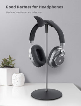Lamicall desktop headset holder shows a low-profile aluminum silhouette to reduce desk clutter