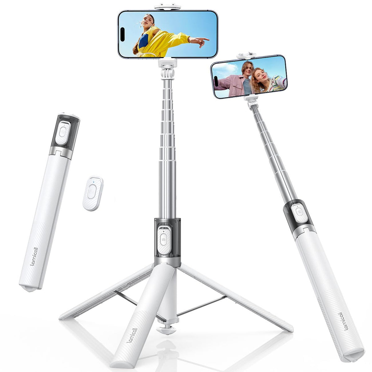 Lamicall front view fully extended tripod showing height and stability benefit