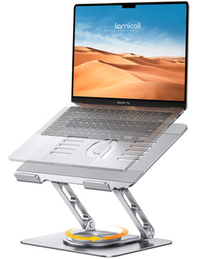 Lamicall front view silver stand showing sturdy base and raised screen, improves posture