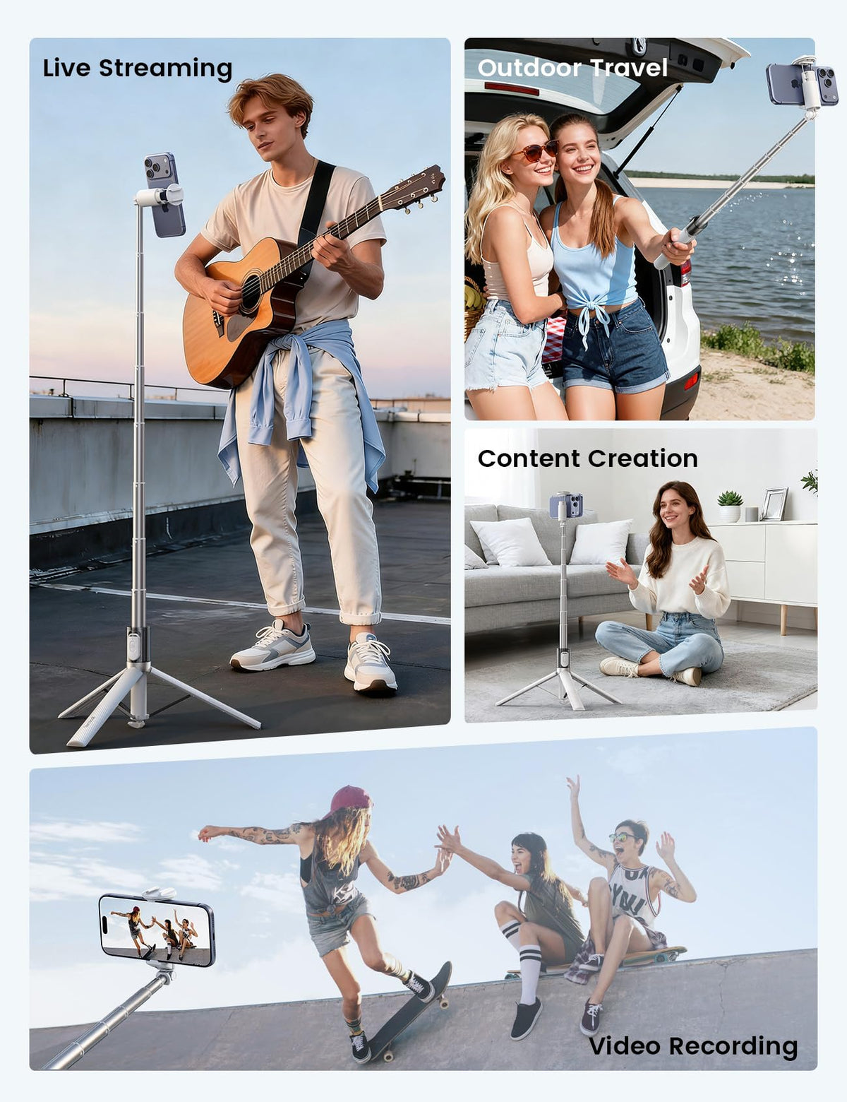 Lamicall in use on a beach for vlogging capturing steady outdoor shots