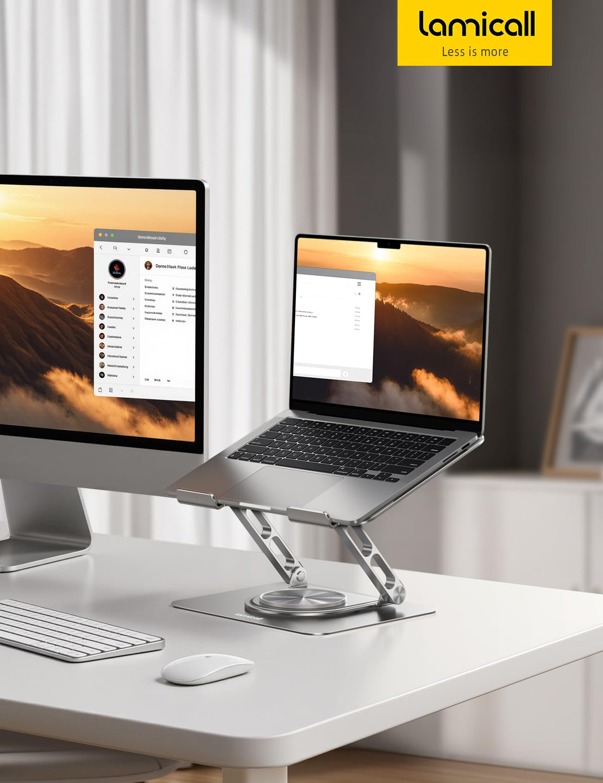 Lamicall in office with dual monitor setup creating uniform screen height and productivity