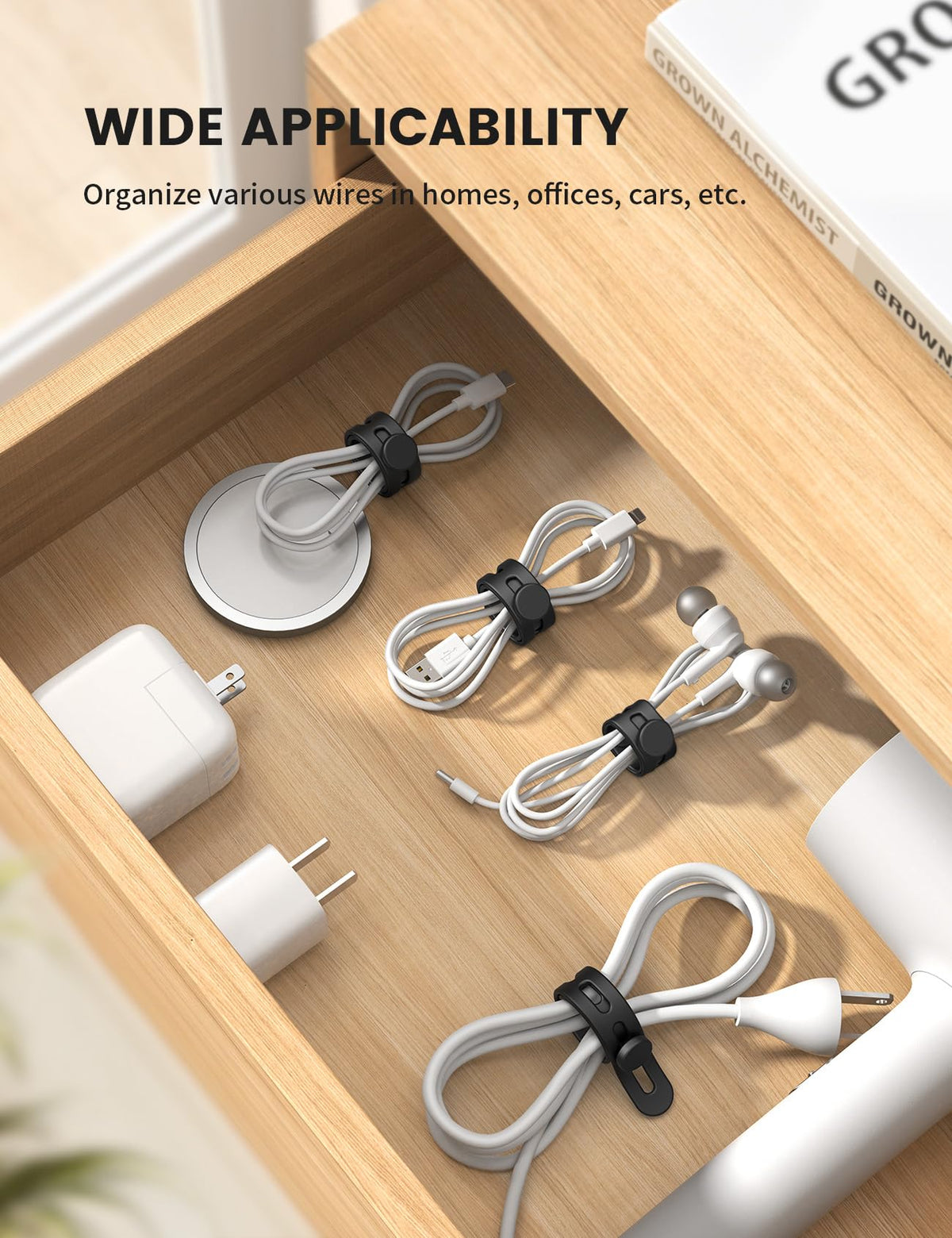 Lamicall cable ties shown in kitchen, office, and car for versatile bundling