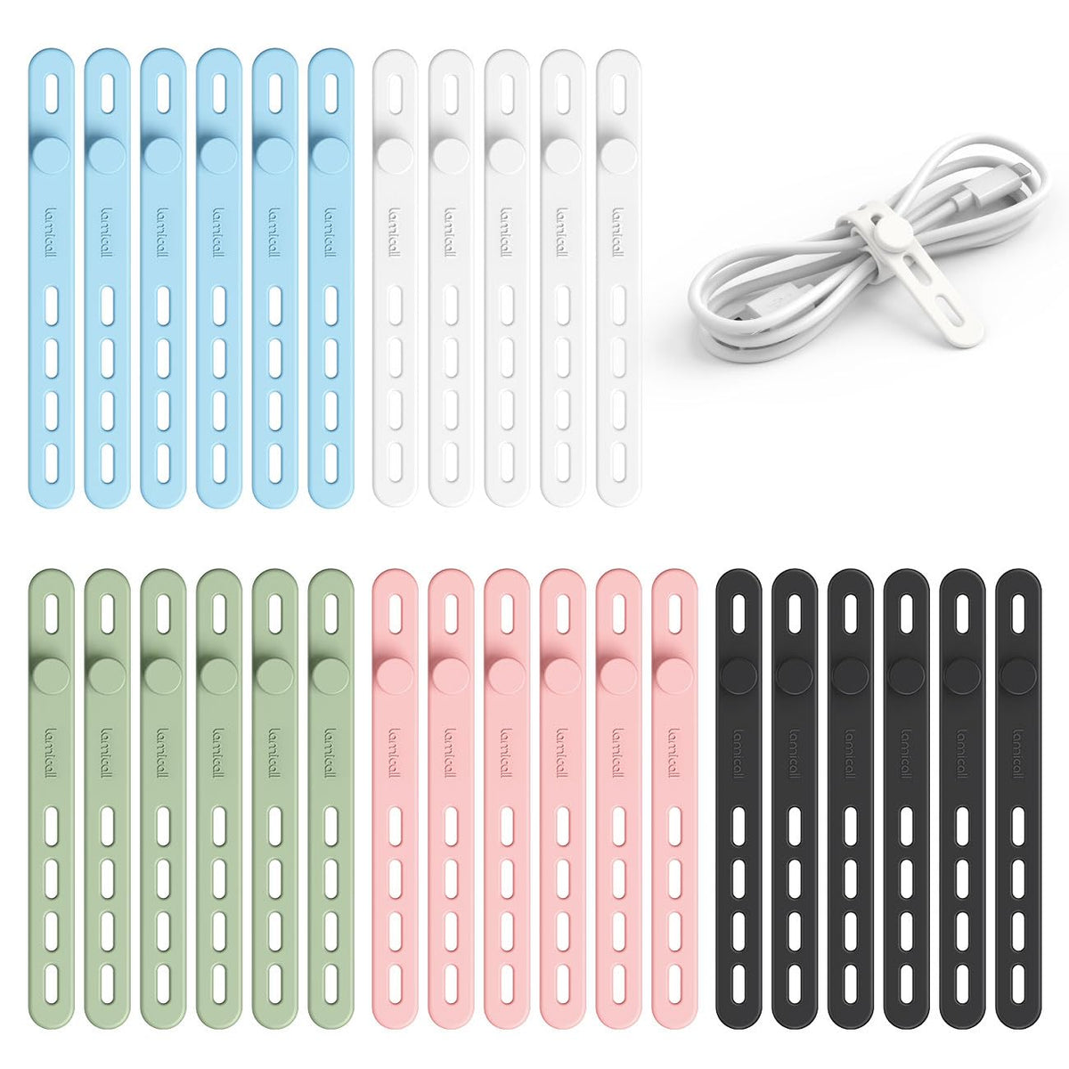 Lamicall silicone cable ties in multiple colors keep cables organized.