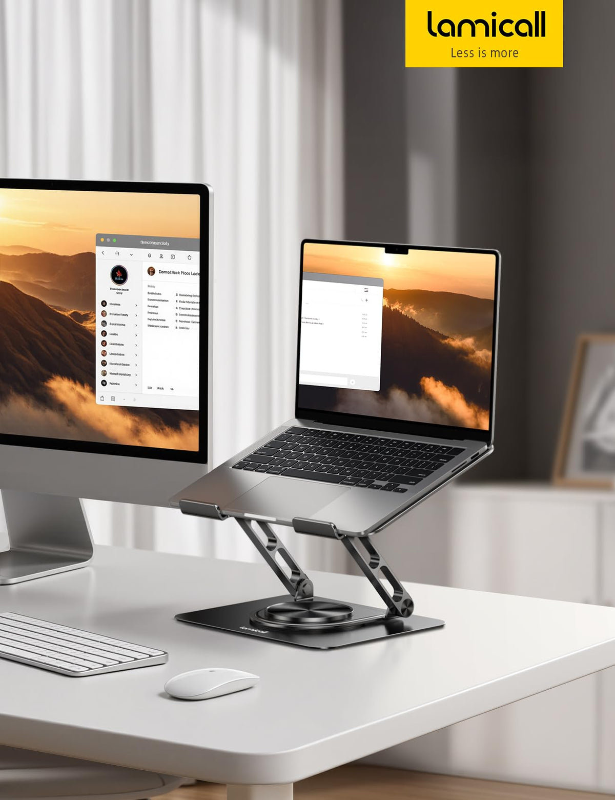 Lamicall next to measuring tape showing compatibility with 10 to 17.3 inch laptops