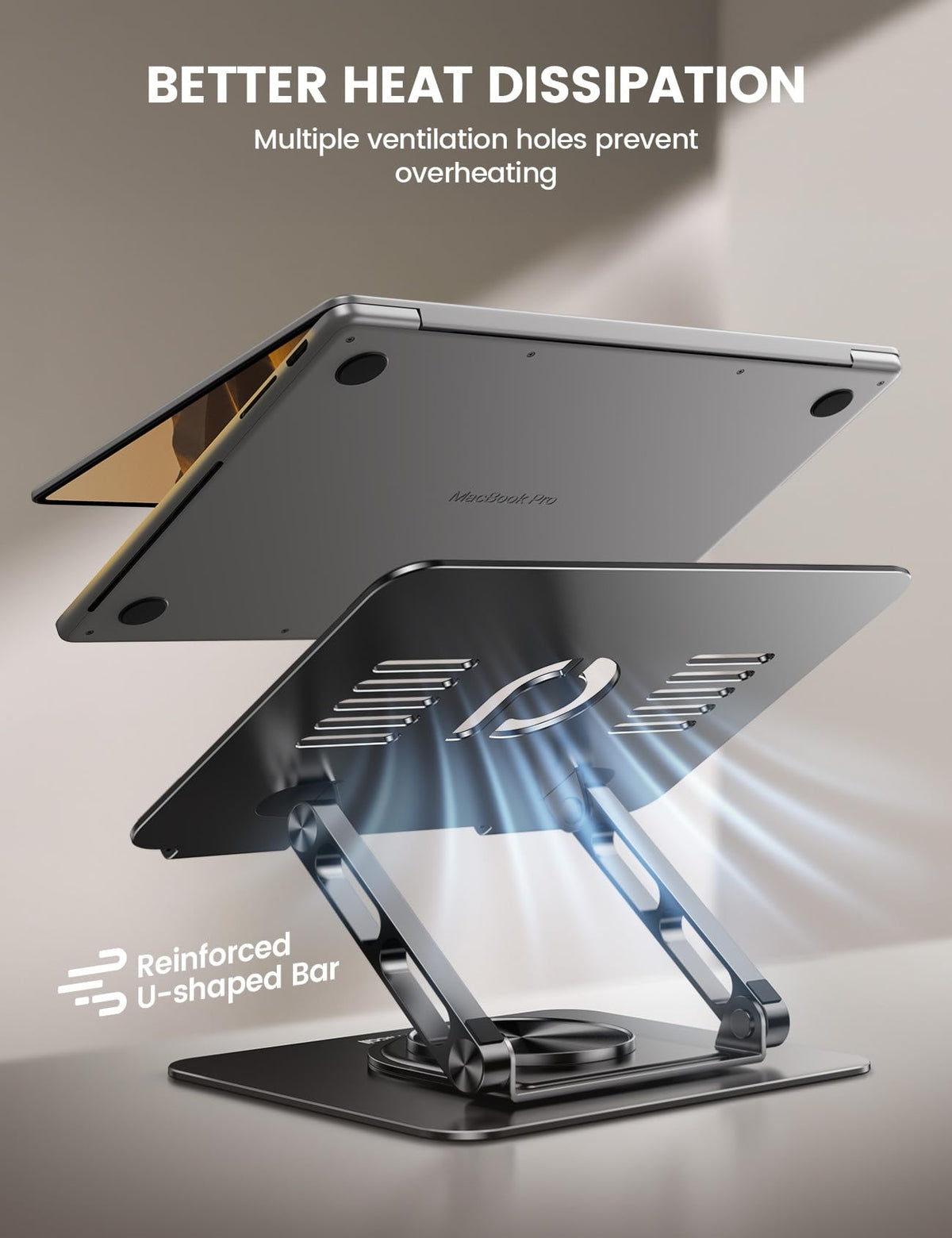 Lamicall on a home desk with laptop showing improved posture and tidy workspace