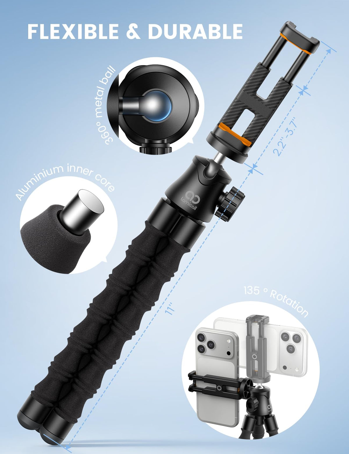 Lamicall tripod shows 360-degree horizontal rotation for wide panoramas
