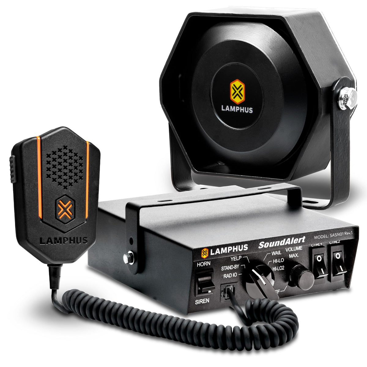 Lamphus SoundAlert 100W amplifier shown; delivers loud, clear siren tones for crowded streets.