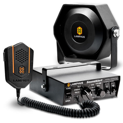 Lamphus SoundAlert 100W amplifier shown; delivers loud, clear siren tones for crowded streets.