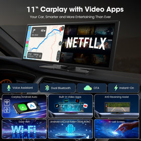 LAMTTO 11-inch CarPlay screen side view highlights sleek touch interface for quick app access.