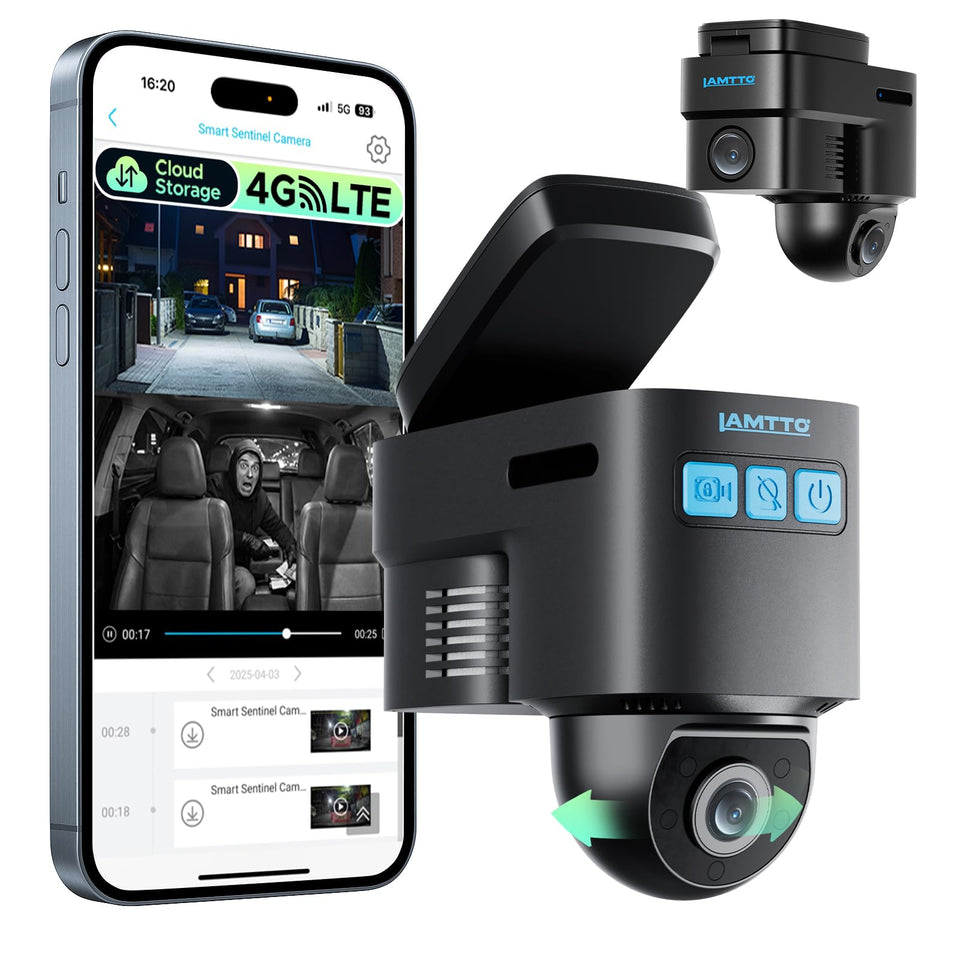 LAMTTO 4G LTE dash cam front and inside view for complete vehicle surveillance